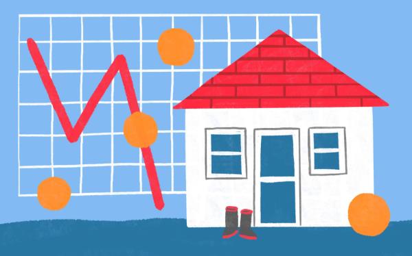 Small house, gold coins and descending graph line
